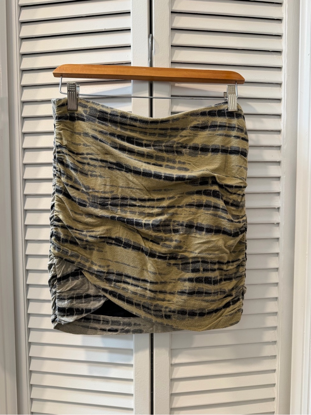 Free People Ruched Tube Midi Skirt Olive Black Print Size L